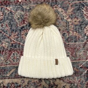 {FurTalk} Cable Knit Ivory Winter Beanie Hat with Fur Pom Satin Lined